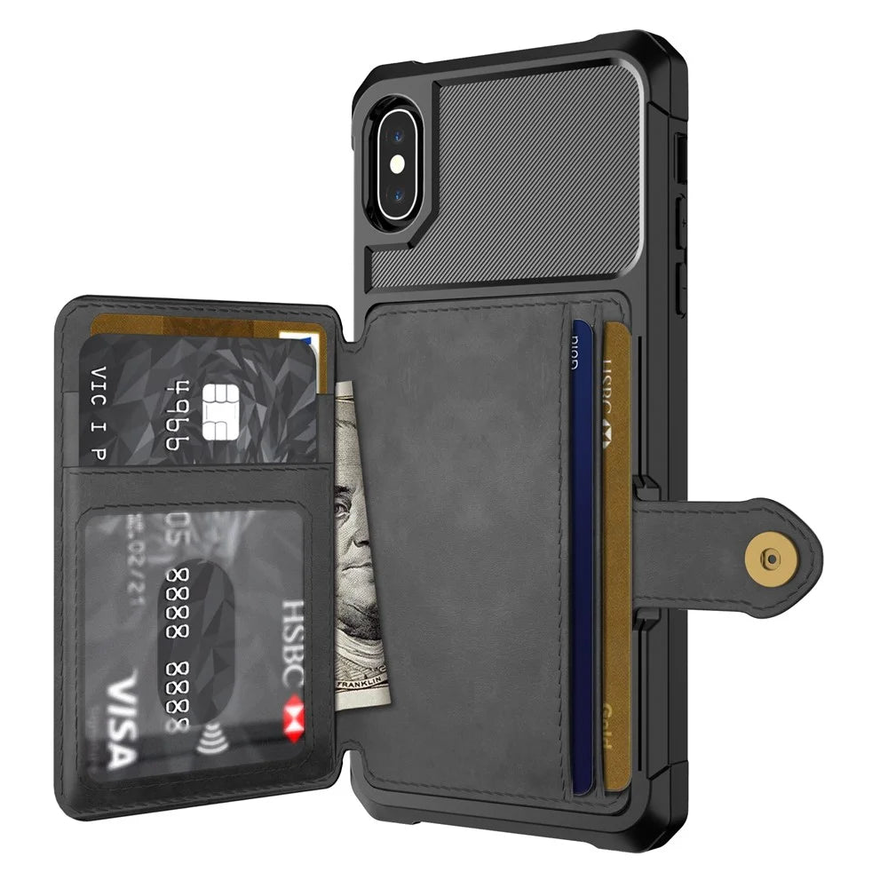Leather Coated TPU Wallet Kickstand Casing with Built-in Magnetic Sheet for iPhone XS Max 6.5 inch - Black - 3
