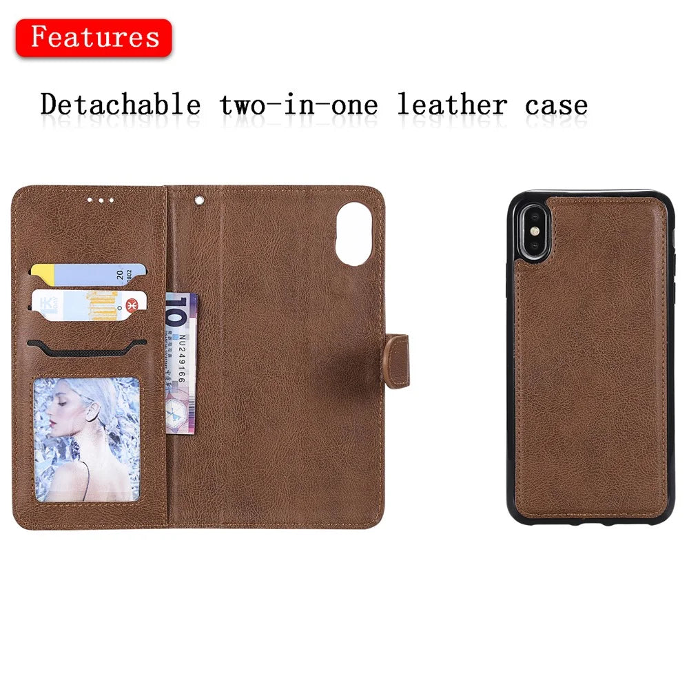 For iPhone XS Max Case 2 in 1 Detachable Magnetic Leather Wallet Mobile Cover with Strap - Brown - 4