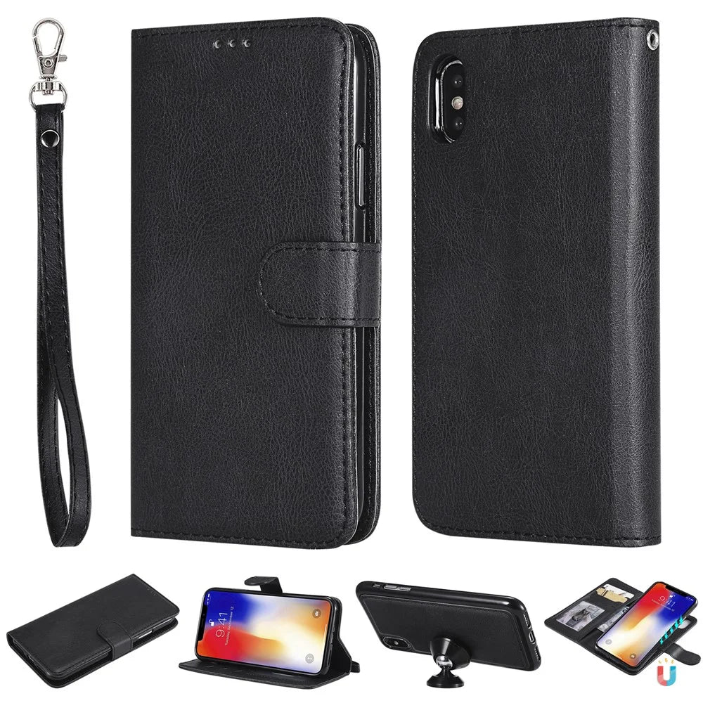 For iPhone XS / X Case 2 in 1 Detachable Magnetic Leather Wallet Mobile Cover with Strap - Black - 1