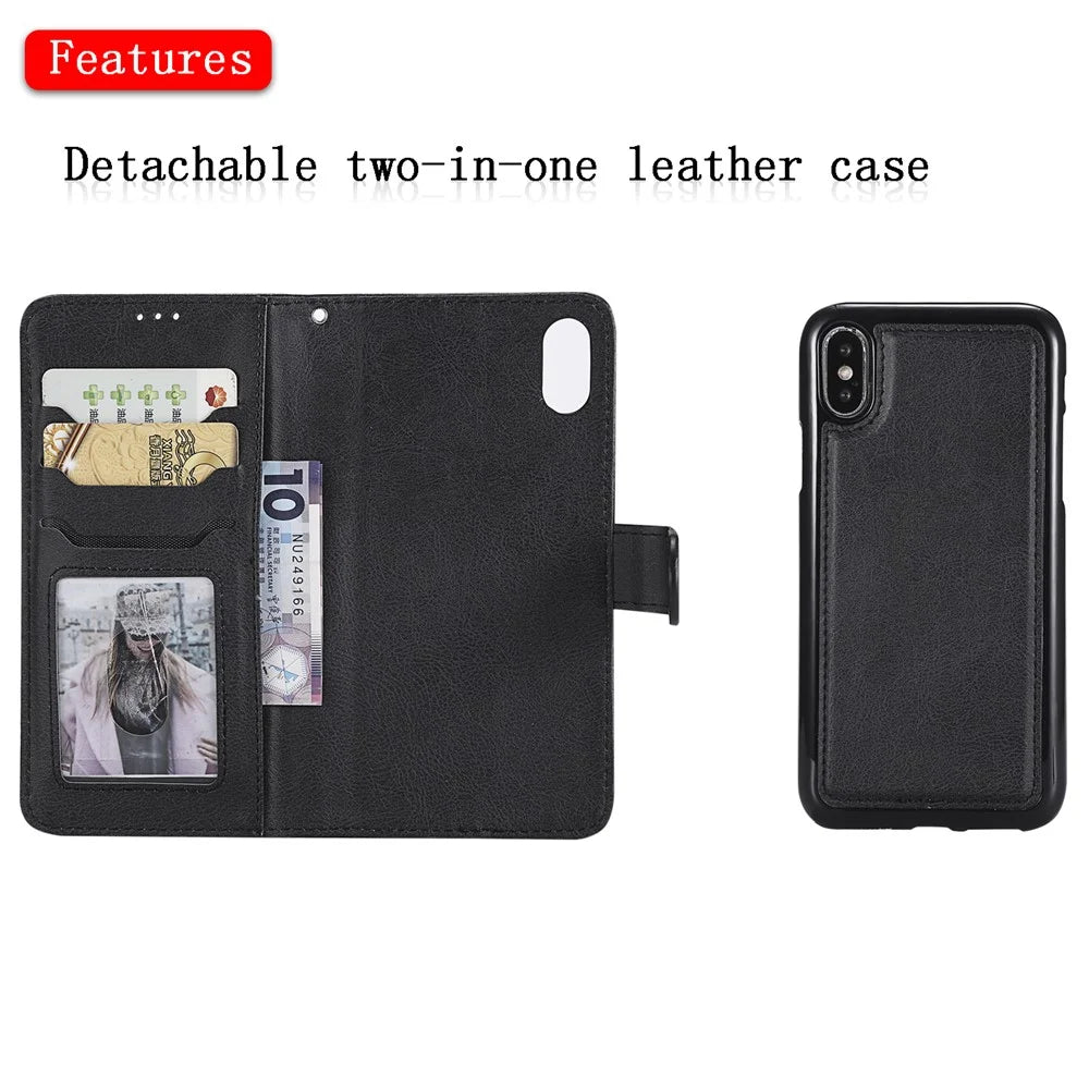 For iPhone XS / X Case 2 in 1 Detachable Magnetic Leather Wallet Mobile Cover with Strap - Black - 4