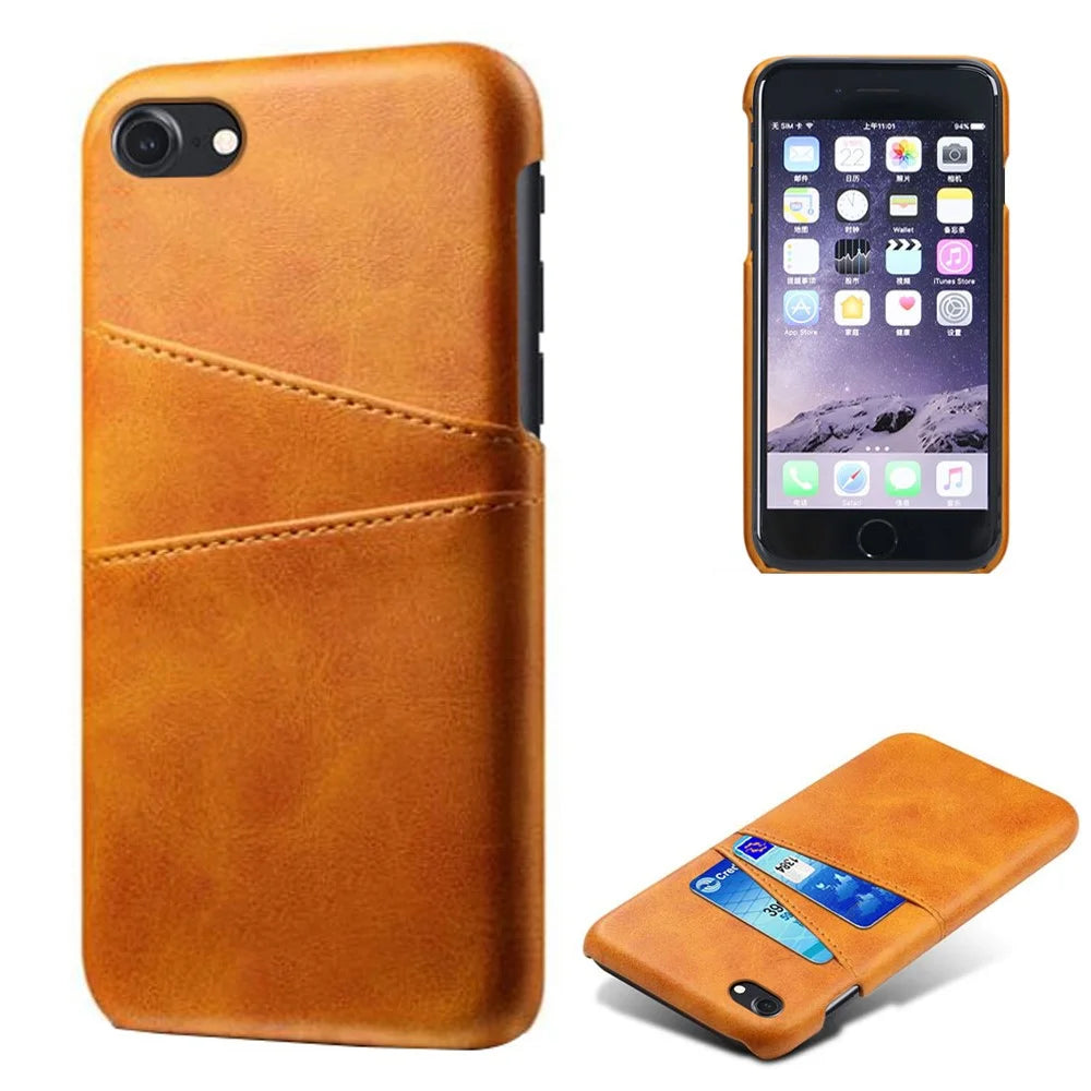 Double Card Slots Case for iPhone 8 / 7 / SE (2022) / SE (2020) 4.7 inch, PU Leather Coated PC Hard Shell Back Cover - Orange - 1