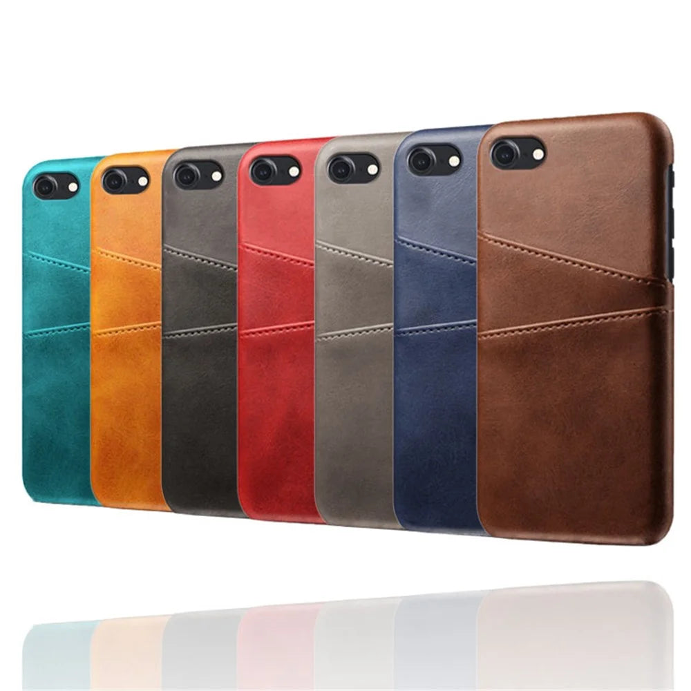Double Card Slots Case for iPhone 8 / 7 / SE (2022) / SE (2020) 4.7 inch, PU Leather Coated PC Hard Shell Back Cover - Orange - 6