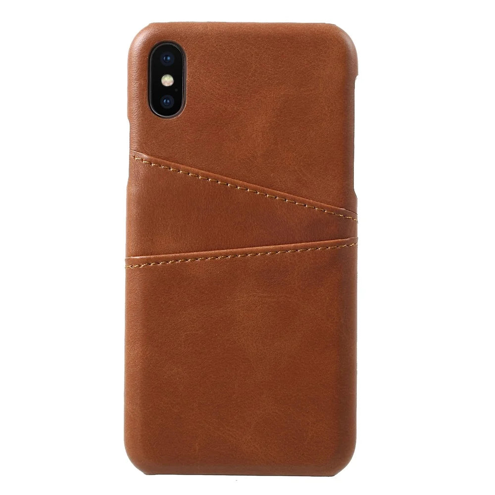 Double Card Slots PU Leather Coated PC Case Phone Accessory for iPhone XS / X 5.8 inch - Coffee - 1