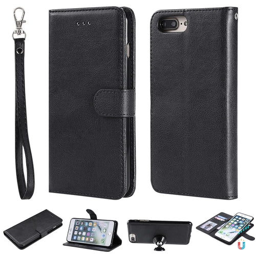For iPhone 8 Plus / 7 Plus / 6 Plus Case 2 in 1 Detachable Magnetic Leather Wallet Mobile Cover with Strap - Black - 1