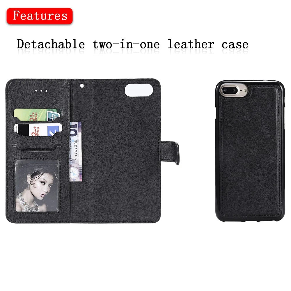 For iPhone 8 Plus / 7 Plus / 6 Plus Case 2 in 1 Detachable Magnetic Leather Wallet Mobile Cover with Strap - Black - 4