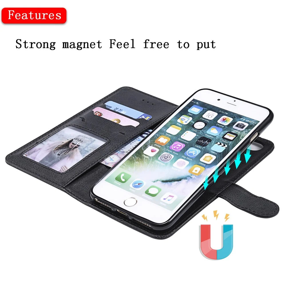 For iPhone 8 Plus / 7 Plus / 6 Plus Case 2 in 1 Detachable Magnetic Leather Wallet Mobile Cover with Strap - Black - 5