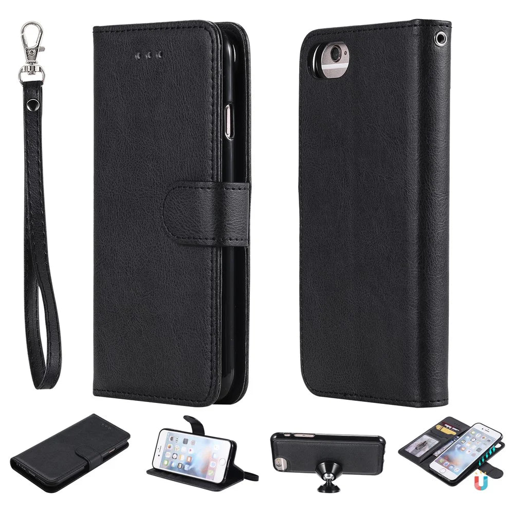 For iPhone 6s / 6 / 7 / 8 / SE (2020) / SE (2022) Case 2 in 1 Detachable Magnetic Leather Wallet Mobile Cover with Strap - Black - 1