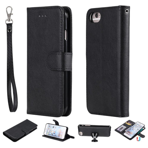 For iPhone 6s / 6 / 7 / 8 / SE (2020) / SE (2022) Case 2 in 1 Detachable Magnetic Leather Wallet Mobile Cover with Strap - Black - 1