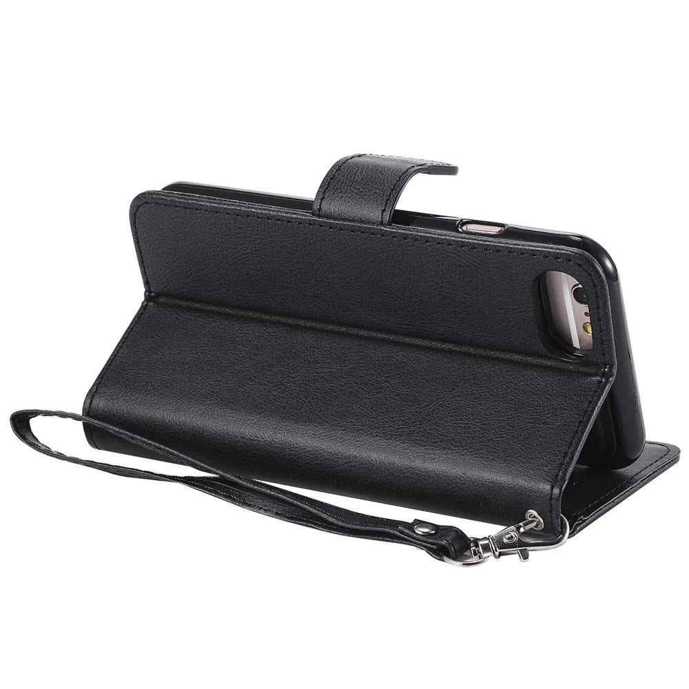 For iPhone 6s / 6 / 7 / 8 / SE (2020) / SE (2022) Case 2 in 1 Detachable Magnetic Leather Wallet Mobile Cover with Strap - Black - 6