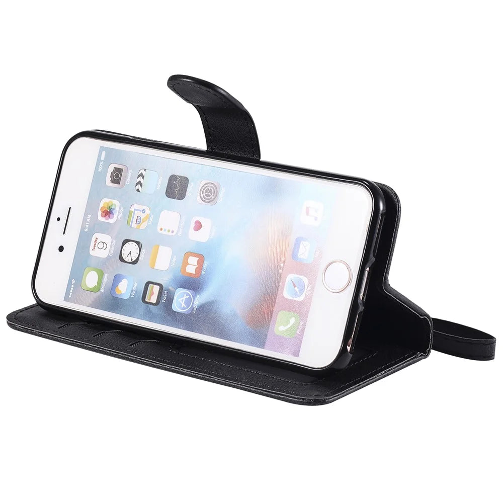 For iPhone 6s / 6 / 7 / 8 / SE (2020) / SE (2022) Case 2 in 1 Detachable Magnetic Leather Wallet Mobile Cover with Strap - Black - 7