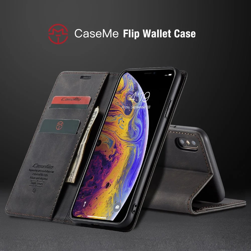 CASEME 013 Series for iPhone XS/X 5.8 inch Retro Flip Leather Phone Case [Auto-absorbed] [Wallet Stand] - Black - 5