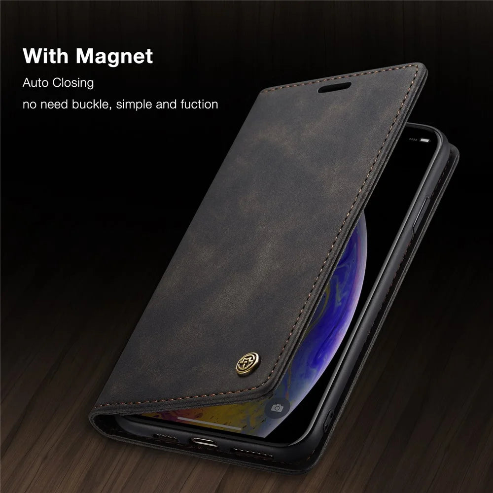 CASEME 013 Series for iPhone XS/X 5.8 inch Retro Flip Leather Phone Case [Auto-absorbed] [Wallet Stand] - Black - 6