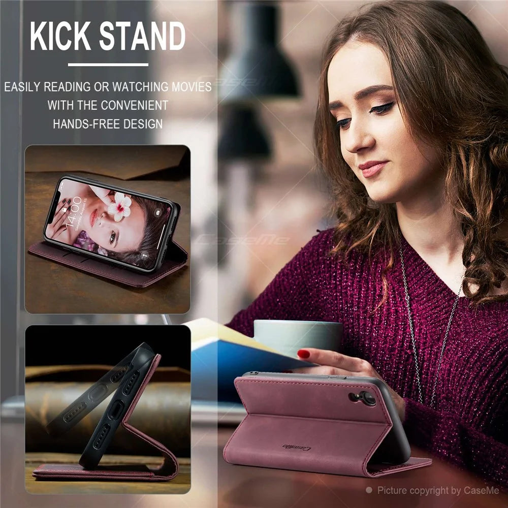 CASEME 013 Series PU Leather Magnetic Flap Case for iPhone XR 6.1 inch - Wine Red - 7