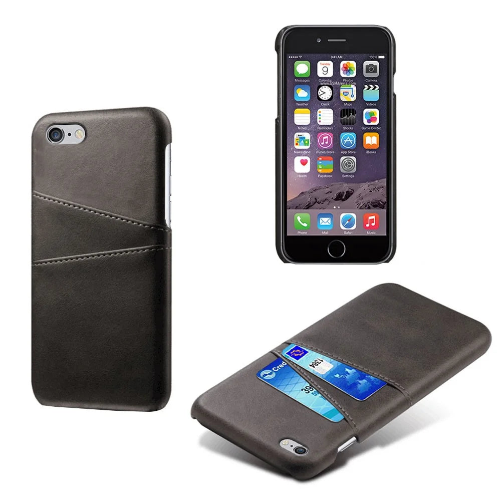 Double Card Slots PU Leather Coated PC Case for iPhone 6s/6 - Black - 1