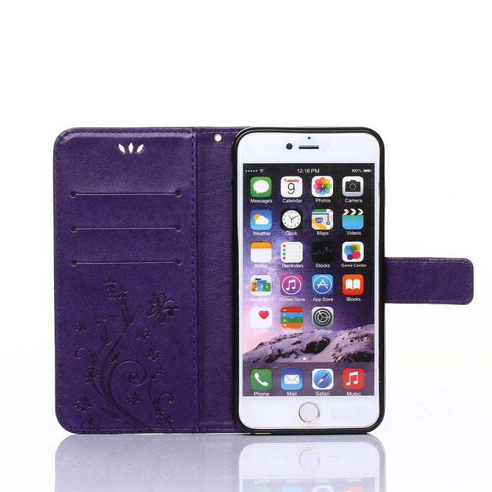 Imprint Butterfly Flower Stand Leather Case with Strap for iPhone 6s Plus / 6 Plus 5.5-inch - Purple - 4
