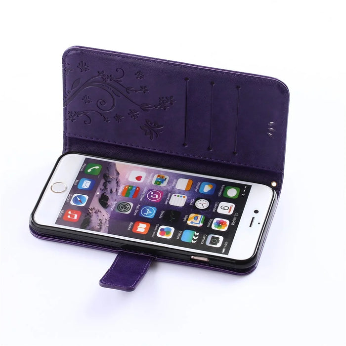 Imprint Butterfly Flower Stand Leather Case with Strap for iPhone 6s Plus / 6 Plus 5.5-inch - Purple - 6