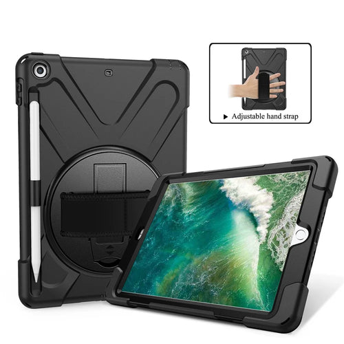 X-Shape PC + TPU Combo Case for iPad 9.7-inch (2018) / (2017) with Hand Strap [360 Degree Rotary Kickstand] - Black - 1