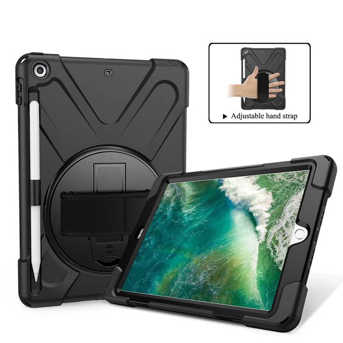 X-Shape PC + TPU Combo Case for iPad 9.7-inch (2018) / (2017) with Hand Strap [360 Degree Rotary Kickstand] - Black - 1