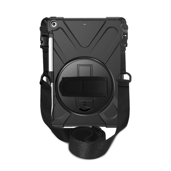 For iPad 9.7-inch (2018) / (2017) [X-Shape] PC + TPU Combo Case / 360 Degree Swivel Kickstand / Hand Strap and Shoulder Strap - Black - 5