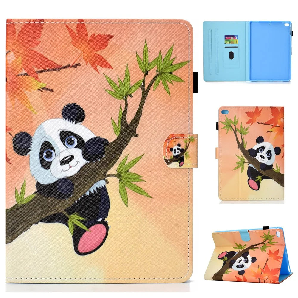 Patterned Leather Card Holder Stand Flip Cover for iPad 9.7-inch (2018) / (2017) - Panda on the Tree - 1