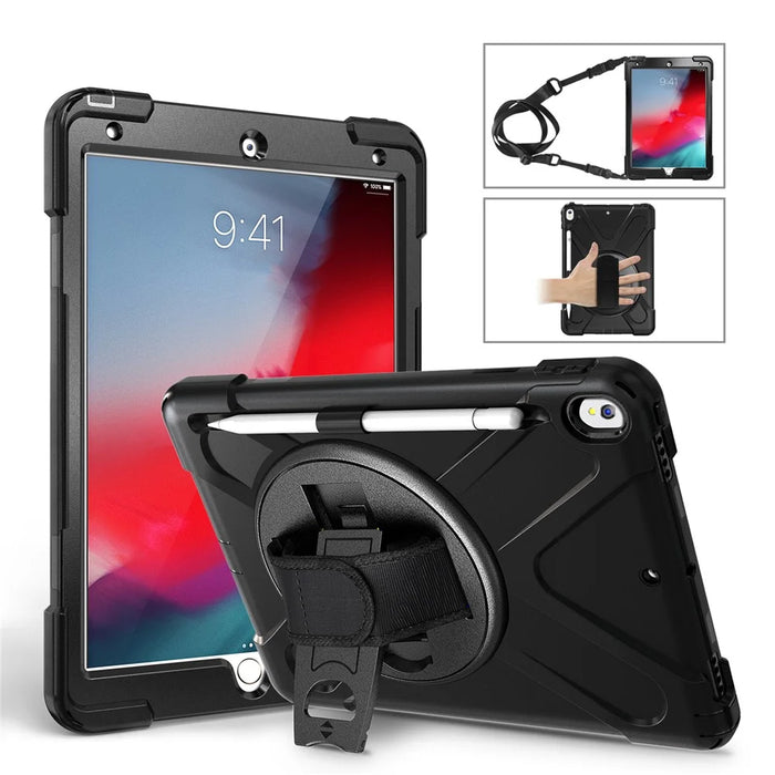 For iPad Air 10.5 inch (2019) [X-Shape] PC + TPU Combo 360 Degree Swivel Kickstand Case with Hand Strap and Shoulder Strap - Black - 1