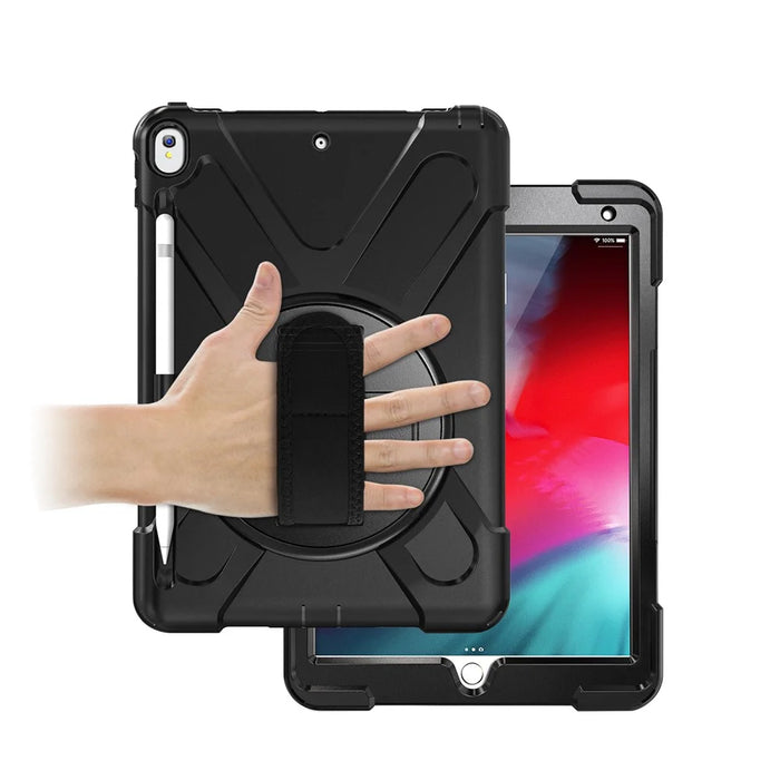 For iPad Air 10.5 inch (2019) [X-Shape] PC + TPU Combo 360 Degree Swivel Kickstand Case with Hand Strap and Shoulder Strap - Black - 2