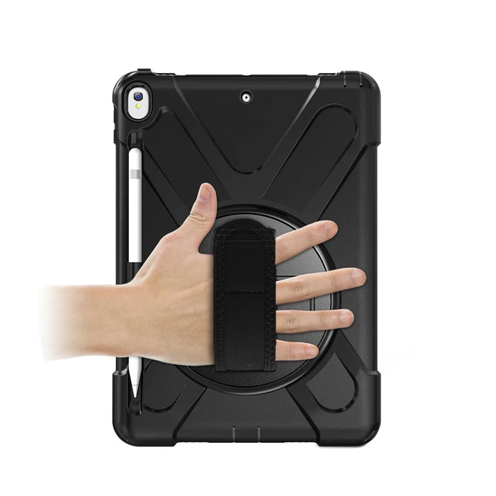 For iPad Air 10.5 inch (2019) [X-Shape] PC + TPU Combo 360 Degree Swivel Kickstand Case with Hand Strap and Shoulder Strap - Black - 3