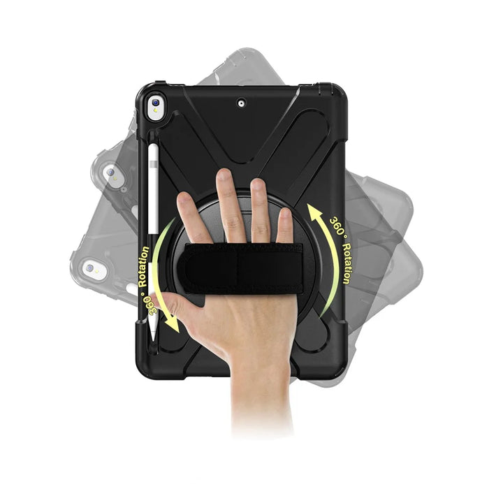 For iPad Air 10.5 inch (2019) [X-Shape] PC + TPU Combo 360 Degree Swivel Kickstand Case with Hand Strap and Shoulder Strap - Black - 4
