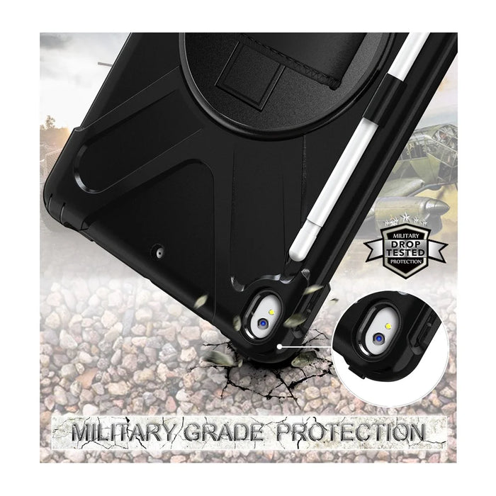 For iPad Air 10.5 inch (2019) [X-Shape] PC + TPU Combo 360 Degree Swivel Kickstand Case with Hand Strap and Shoulder Strap - Black - 6