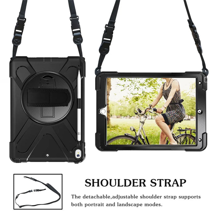 For iPad Air 10.5 inch (2019) [X-Shape] PC + TPU Combo 360 Degree Swivel Kickstand Case with Hand Strap and Shoulder Strap - Black - 7