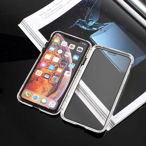 Fully Protection Magnetic Adsorption Metal Frame + Tempered Glass Phone Cover for iPhone X / XS 5.8 inch - Silver - 1