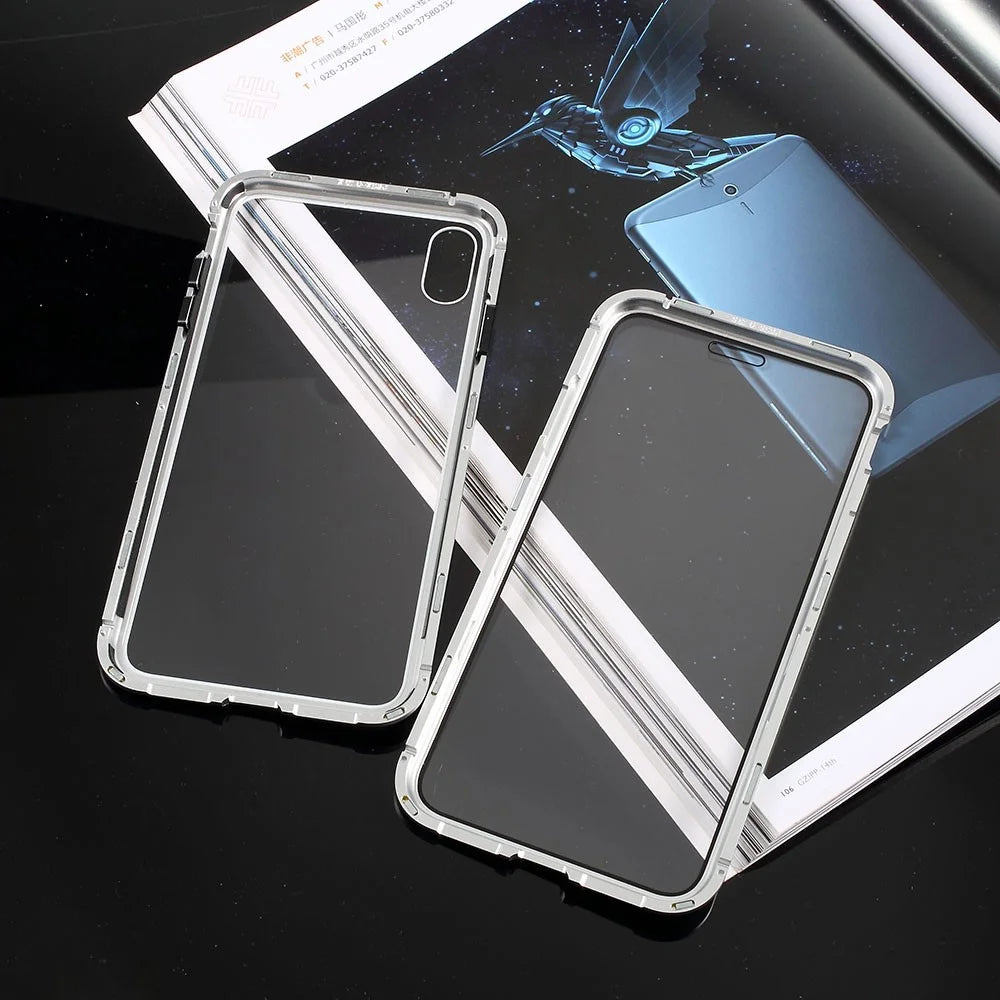 Fully Protection Magnetic Adsorption Metal Frame + Tempered Glass Phone Cover for iPhone X / XS 5.8 inch - Silver - 2