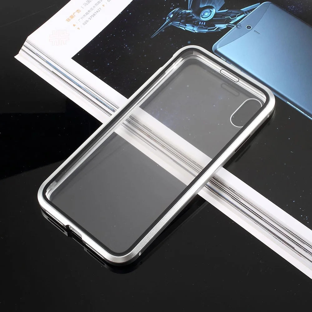Fully Protection Magnetic Adsorption Metal Frame + Tempered Glass Phone Cover for iPhone X / XS 5.8 inch - Silver - 3