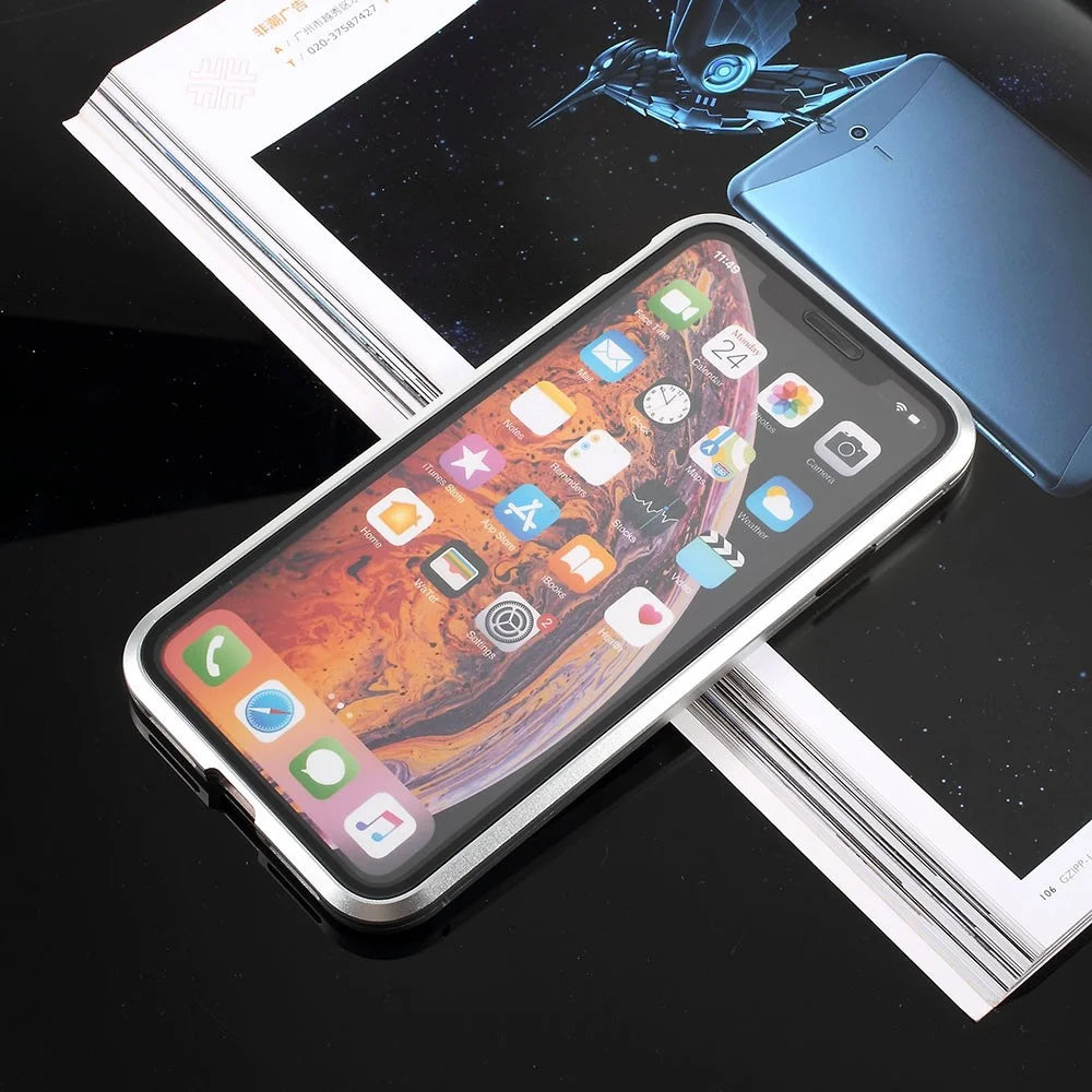 Fully Protection Magnetic Adsorption Metal Frame + Tempered Glass Phone Cover for iPhone X / XS 5.8 inch - Silver - 4