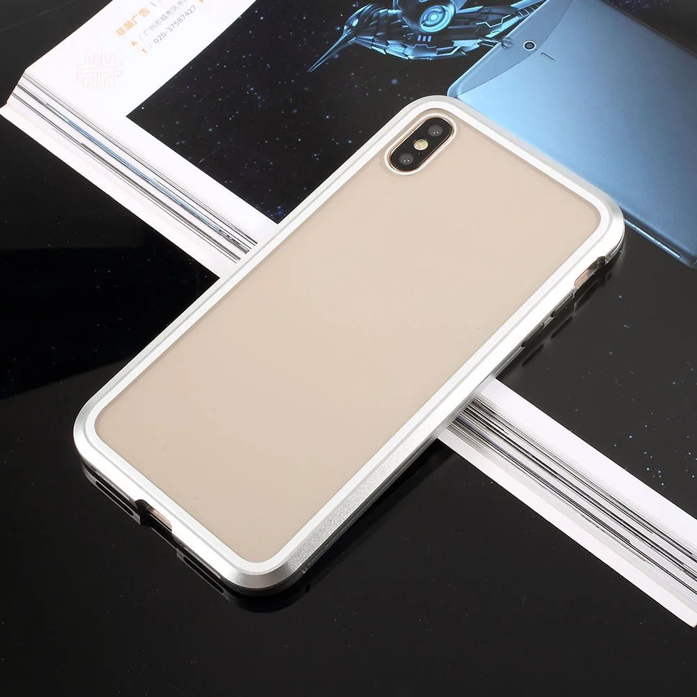 Fully Protection Magnetic Adsorption Metal Frame + Tempered Glass Phone Cover for iPhone X / XS 5.8 inch - Silver - 5