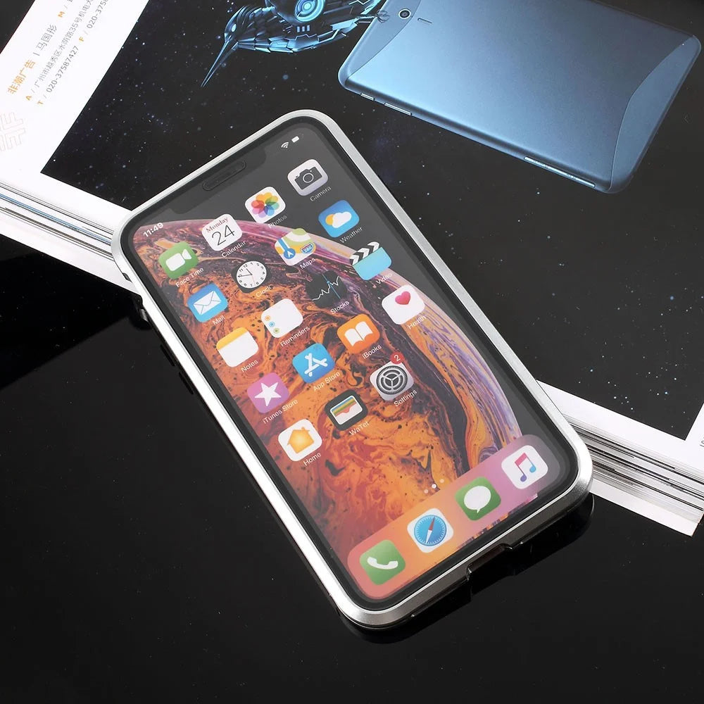 Fully Protection Magnetic Adsorption Metal Frame + Tempered Glass Phone Cover for iPhone X / XS 5.8 inch - Silver - 6