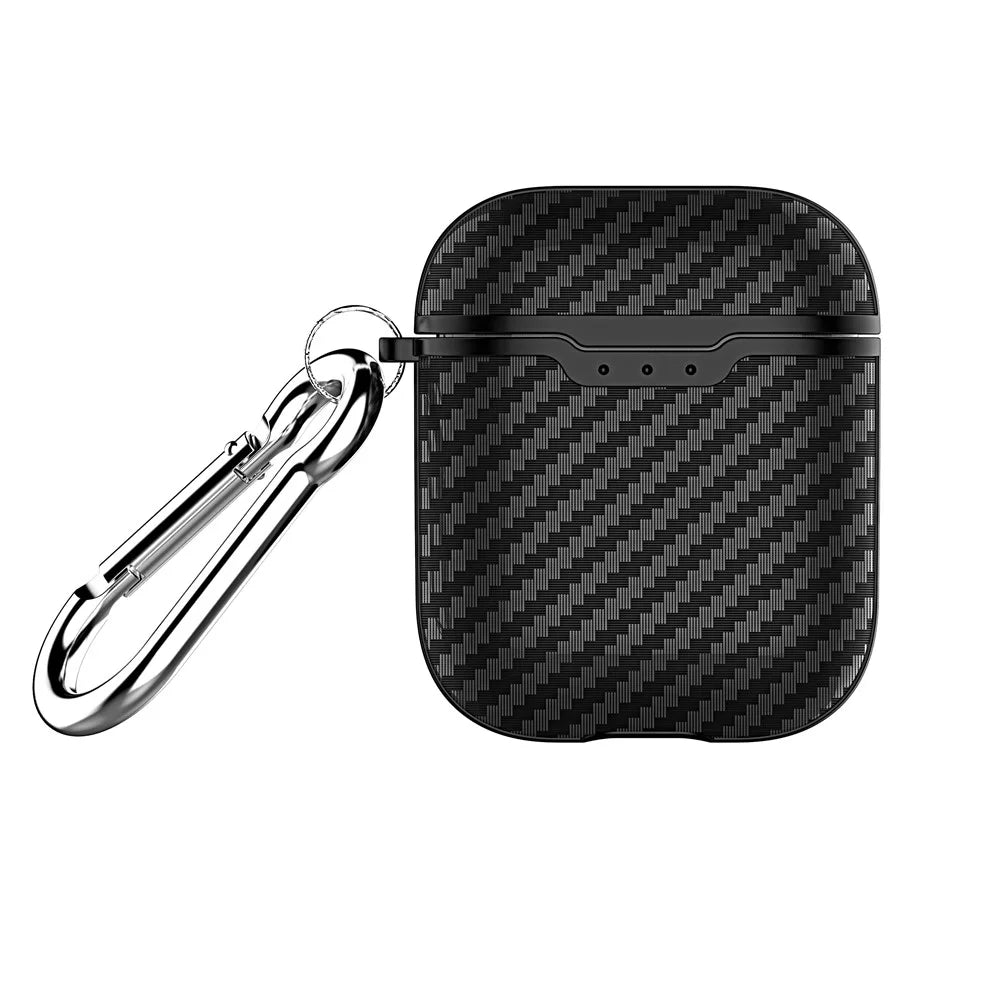 Carbon Fiber Texture TPU Protective Case for AirPods with Charging Case (2016) with Carabiner - Black - 1