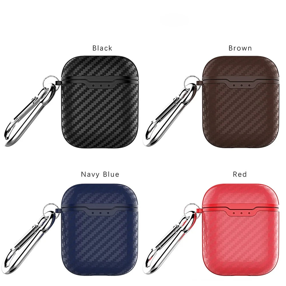 Carbon Fiber Texture TPU Protective Case for AirPods with Charging Case (2016) with Carabiner - Black - 4