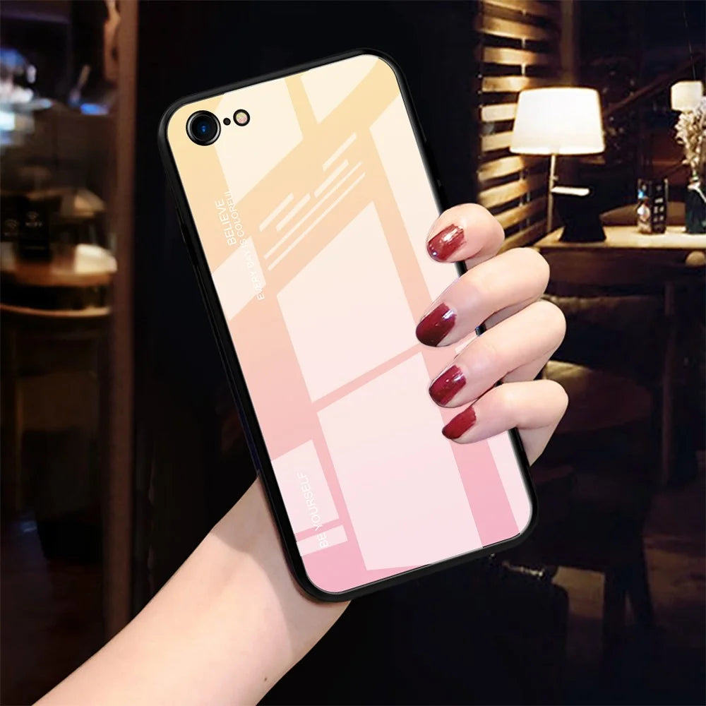Gradient Glass + TPU + PC Hybrid Back Case for iPhone 8/7/SE (2022)/SE (2020) - Gold / Pink - 2