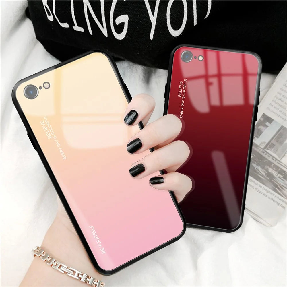 Gradient Glass + TPU + PC Hybrid Back Case for iPhone 8/7/SE (2022)/SE (2020) - Gold / Pink - 5