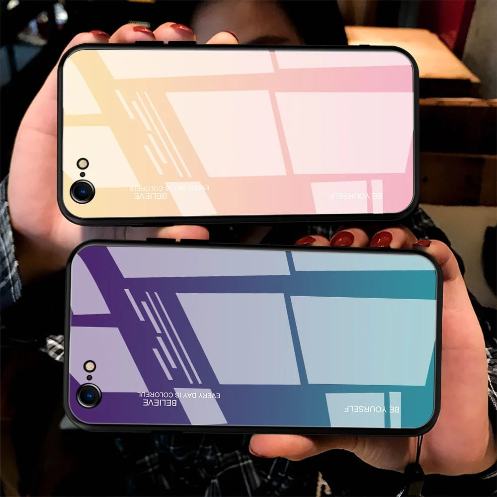 Gradient Glass + TPU + PC Hybrid Back Case for iPhone 8/7/SE (2022)/SE (2020) - Gold / Pink - 6