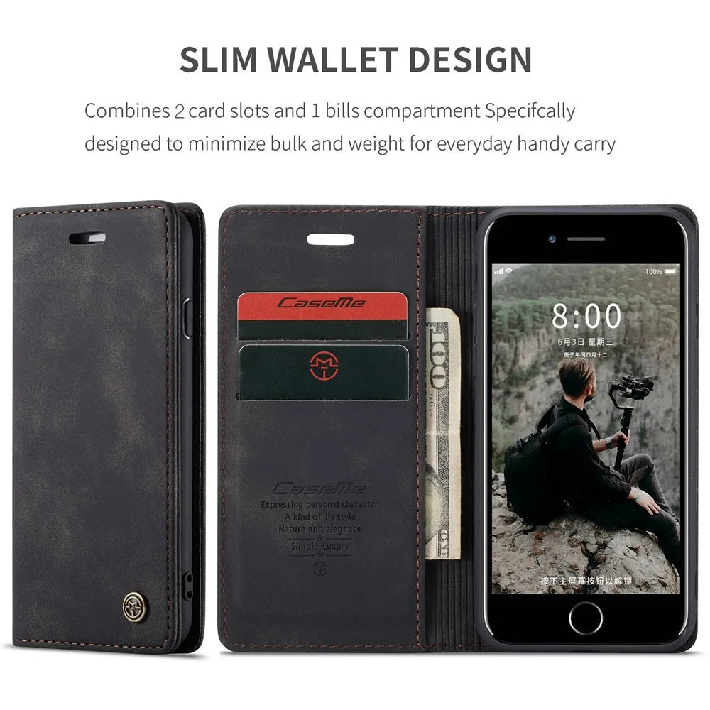 CASEME 013 Series PU Leather Mobile Phone Shell with Wallet Stand for iPhone 8/7/SE (2020)/SE (2022) 4.7 inch - Black - 4