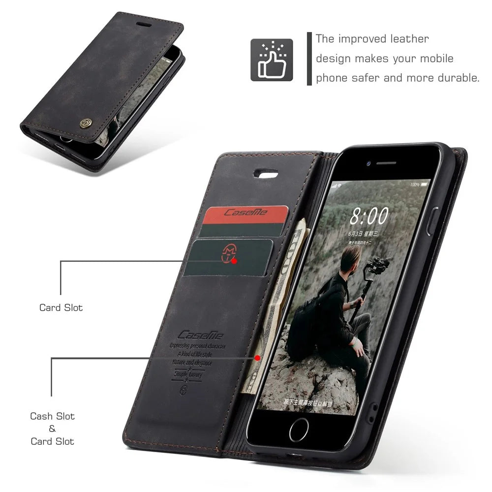 CASEME 013 Series PU Leather Mobile Phone Shell with Wallet Stand for iPhone 8/7/SE (2020)/SE (2022) 4.7 inch - Black - 5