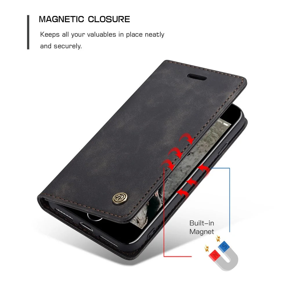 CASEME 013 Series PU Leather Mobile Phone Shell with Wallet Stand for iPhone 8/7/SE (2020)/SE (2022) 4.7 inch - Black - 6