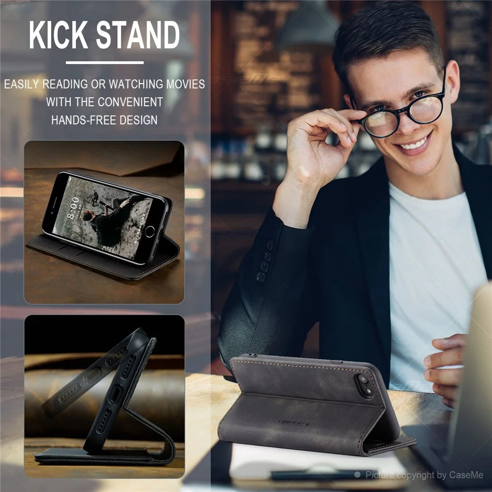 CASEME 013 Series PU Leather Mobile Phone Shell with Wallet Stand for iPhone 8/7/SE (2020)/SE (2022) 4.7 inch - Black - 7