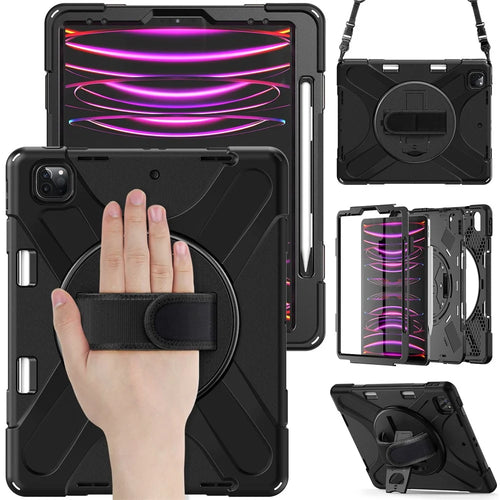 For iPad Pro 12.12.9 (2022) / (2021) / (2020) / (2018) X-Shape PC + TPU Combo Kickstand Case with Hand Strap and Shoulder Strap - All Black - 1
