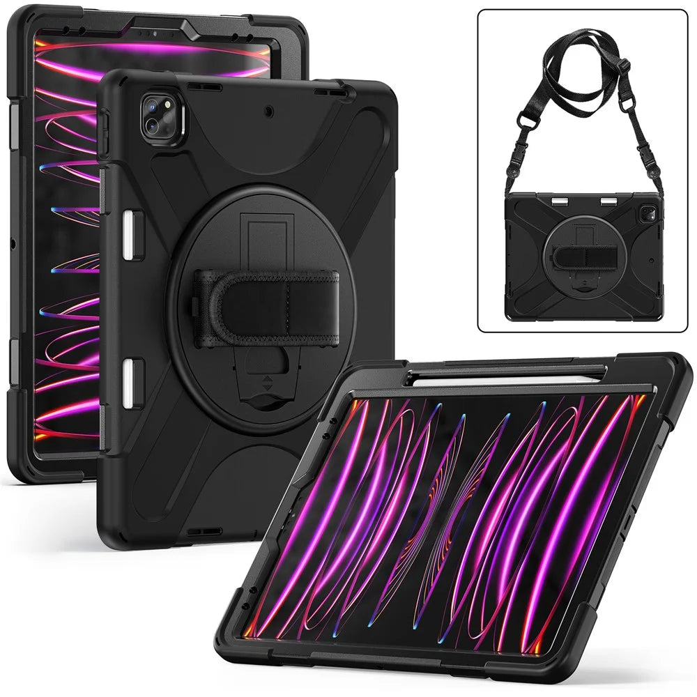 For iPad Pro 12.12.9 (2022) / (2021) / (2020) / (2018) X-Shape PC + TPU Combo Kickstand Case with Hand Strap and Shoulder Strap - All Black - 2