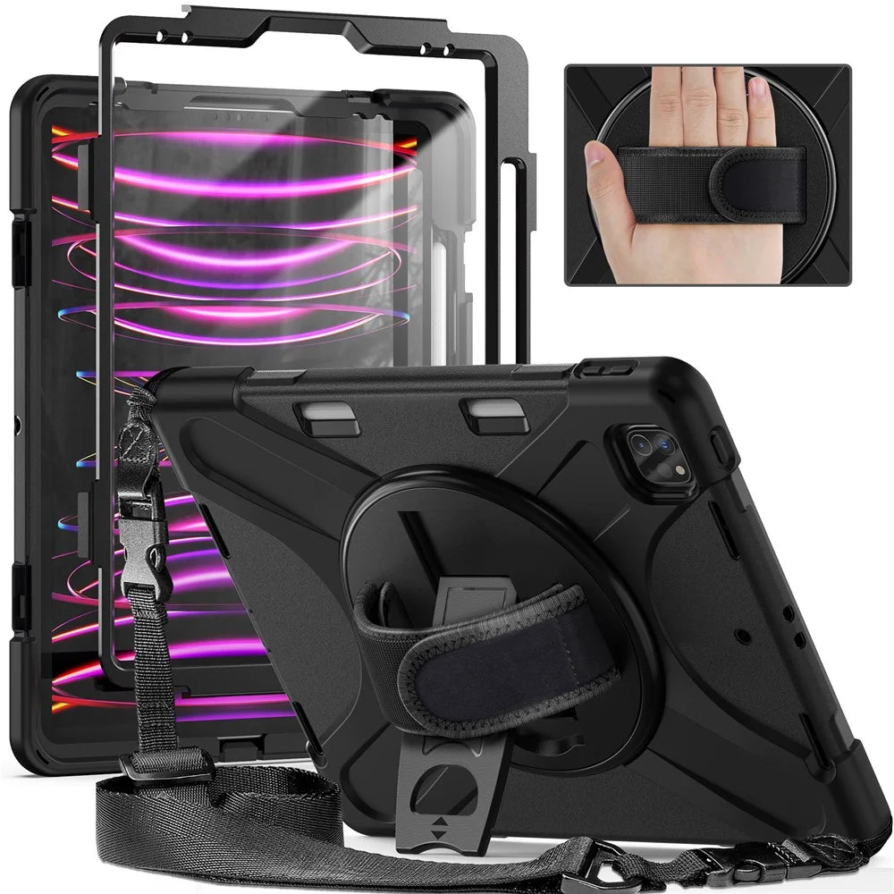 For iPad Pro 12.12.9 (2022) / (2021) / (2020) / (2018) X-Shape PC + TPU Combo Kickstand Case with Hand Strap and Shoulder Strap - All Black - 3