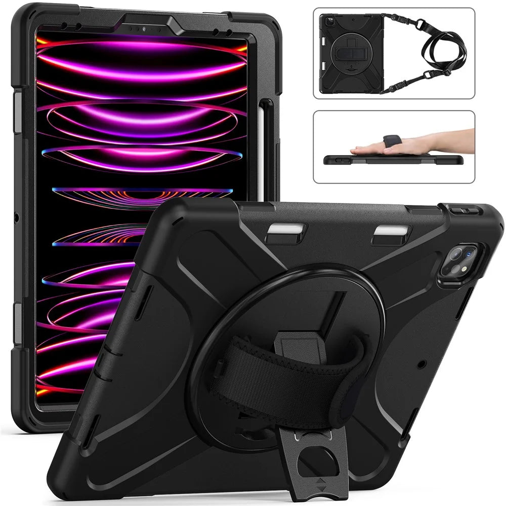 For iPad Pro 12.12.9 (2022) / (2021) / (2020) / (2018) X-Shape PC + TPU Combo Kickstand Case with Hand Strap and Shoulder Strap - All Black - 4