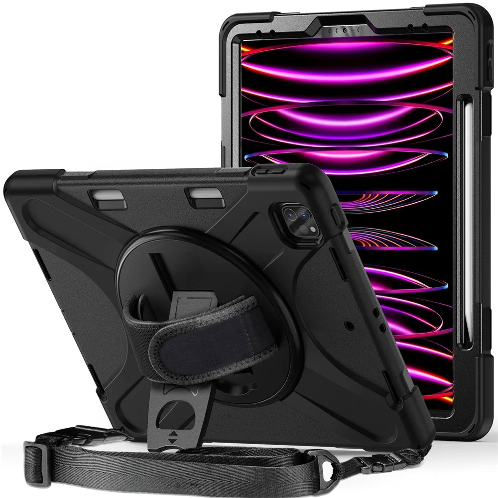 For iPad Pro 12.12.9 (2022) / (2021) / (2020) / (2018) X-Shape PC + TPU Combo Kickstand Case with Hand Strap and Shoulder Strap - All Black - 5